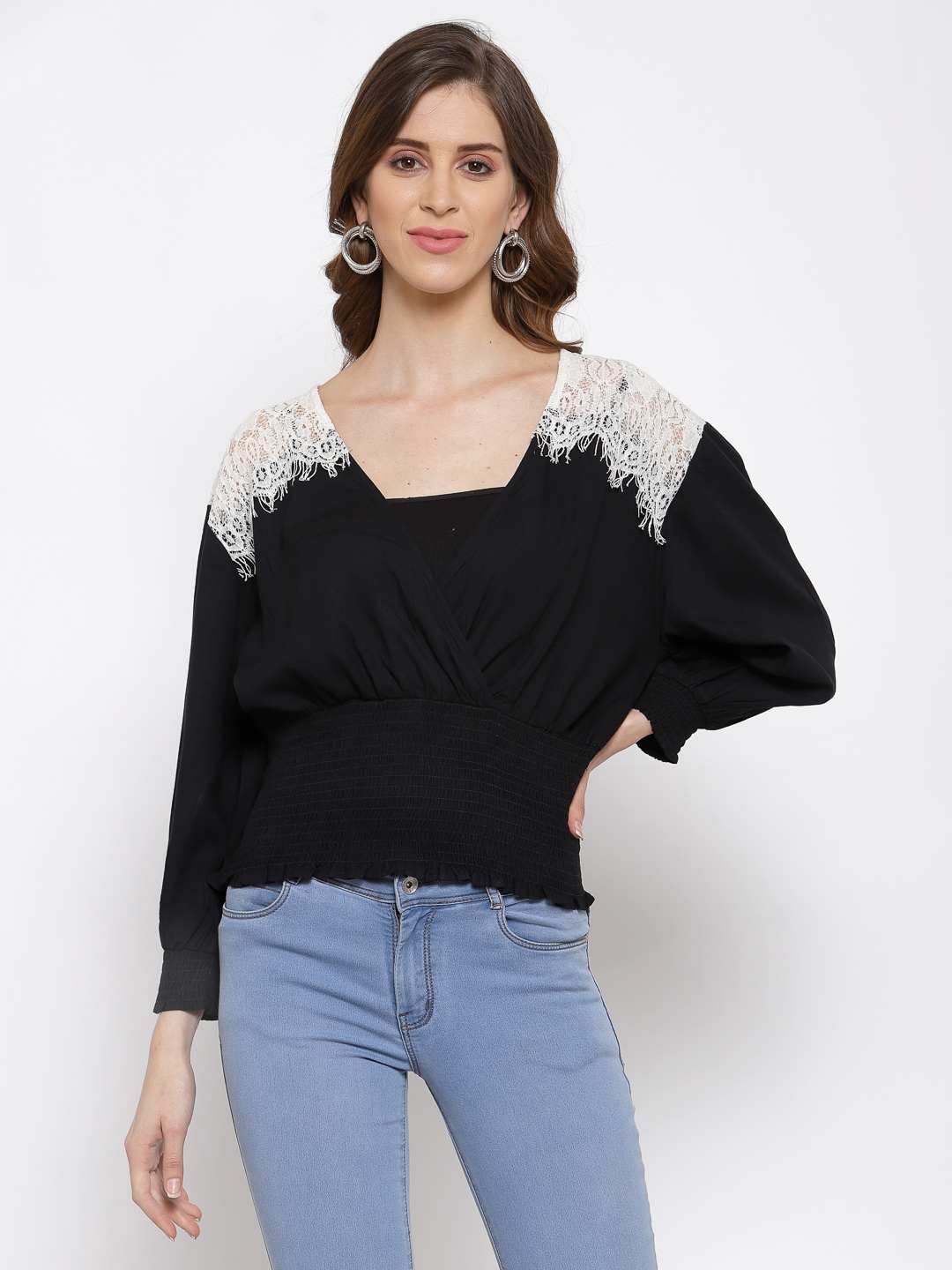 Black Lace Insert Top With Smocked Waist