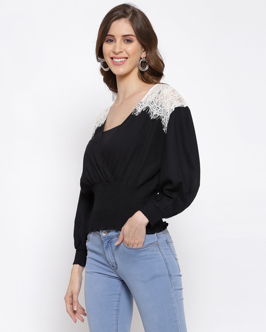 Black Lace Insert Top With Smocked Waist