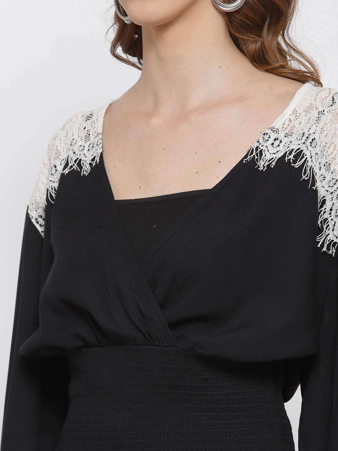 Black Lace Insert Top With Smocked Waist