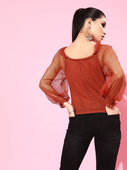 Rust Smocked Tulle Top