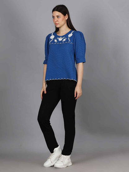 Royal Blue Embroidered Dobby Top