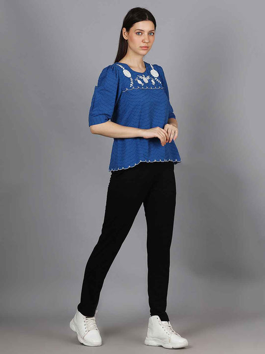 Royal Blue Embroidered Dobby Top