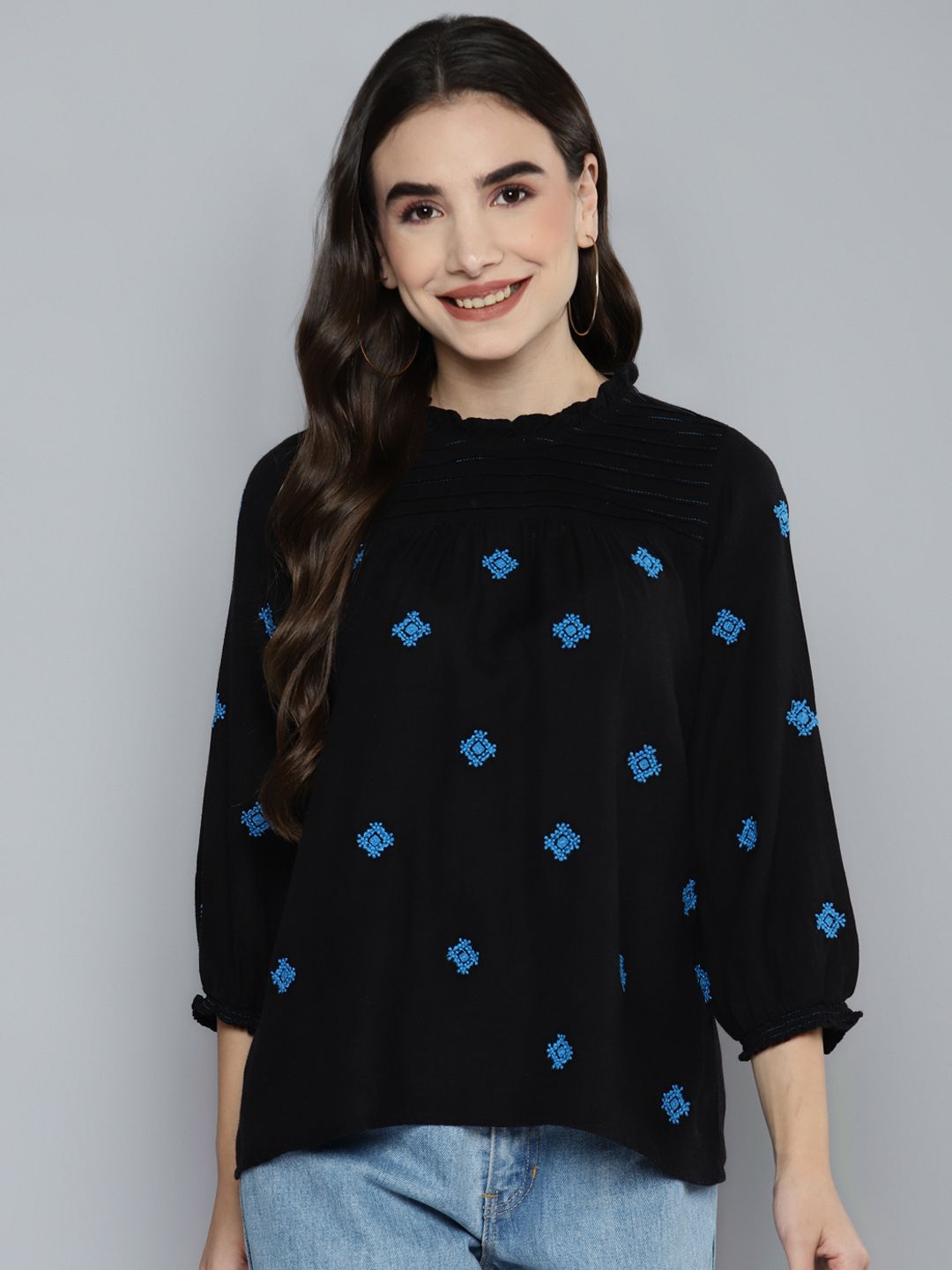 Black Pleated Yoke Embroidered Top