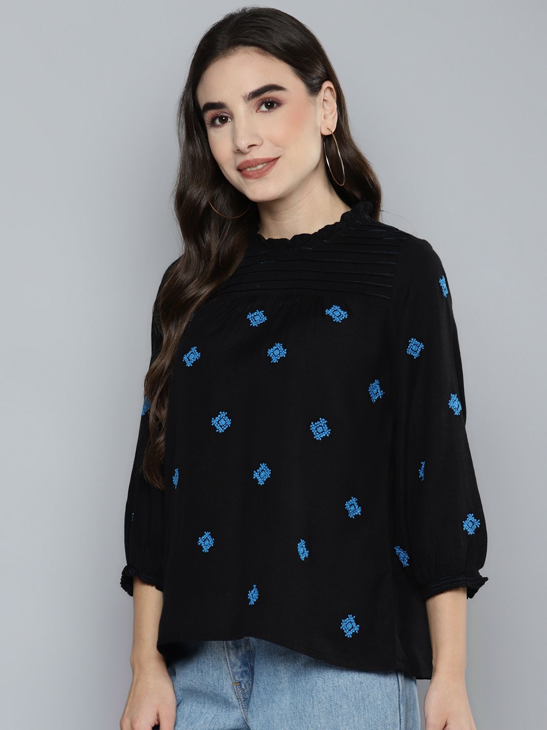 Black Pleated Yoke Embroidered Top