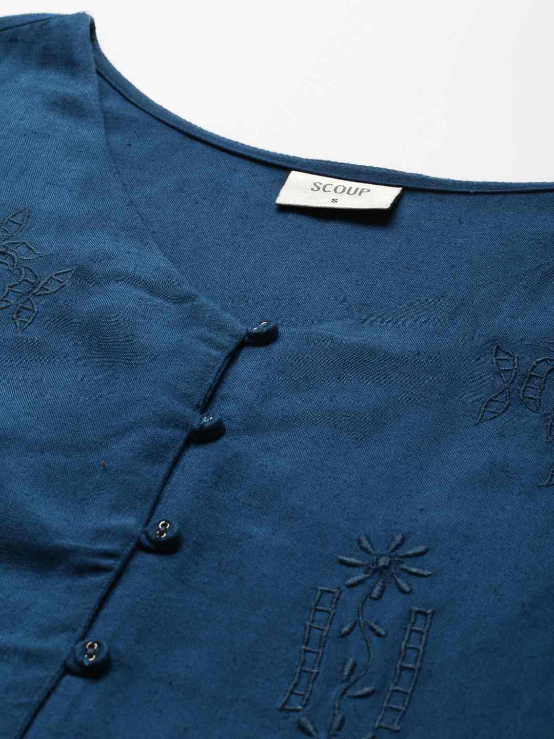 Navy Blue V-Neckline Embroidered Top