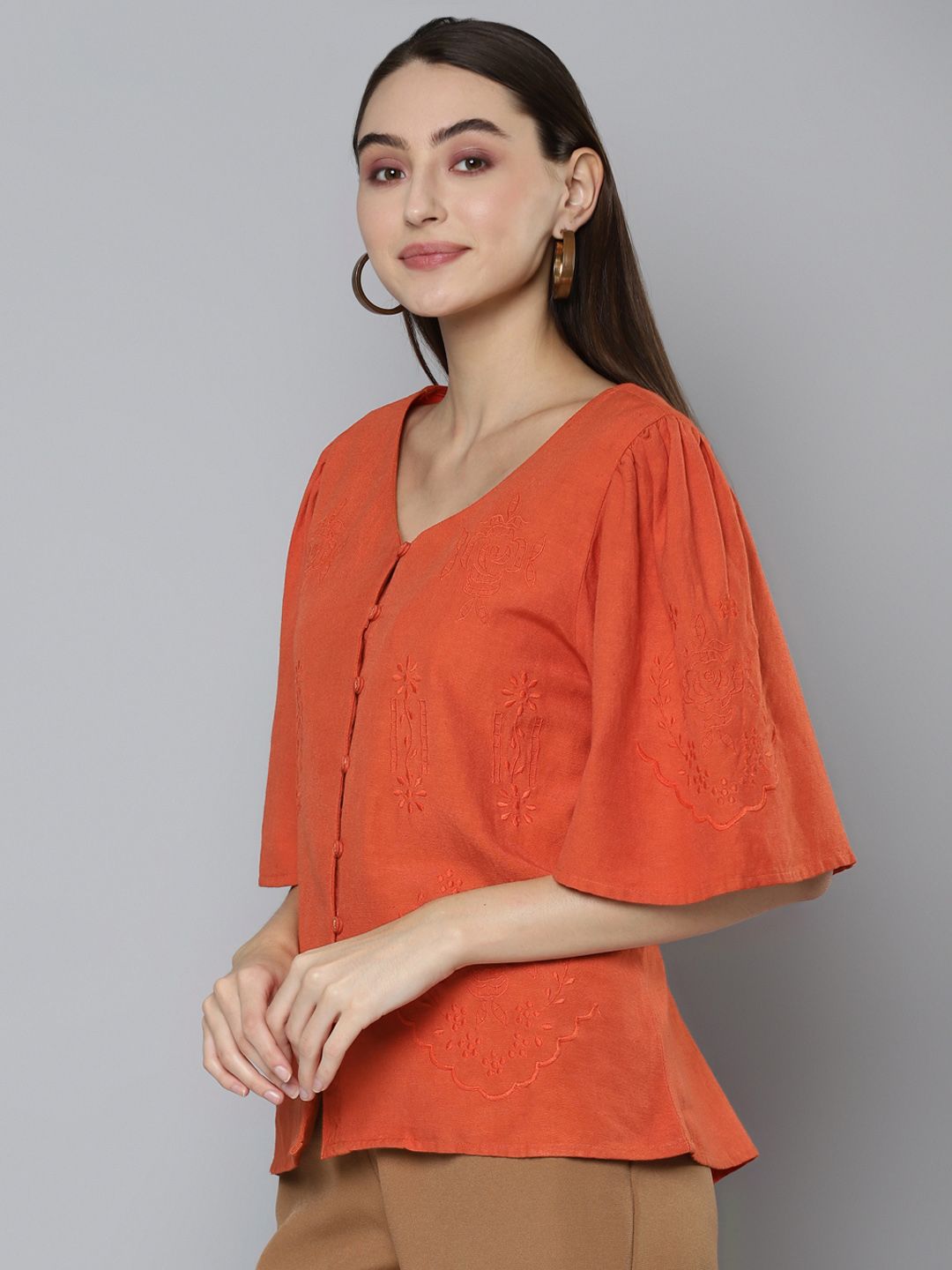 Orange V-Neckline Embroidered Top