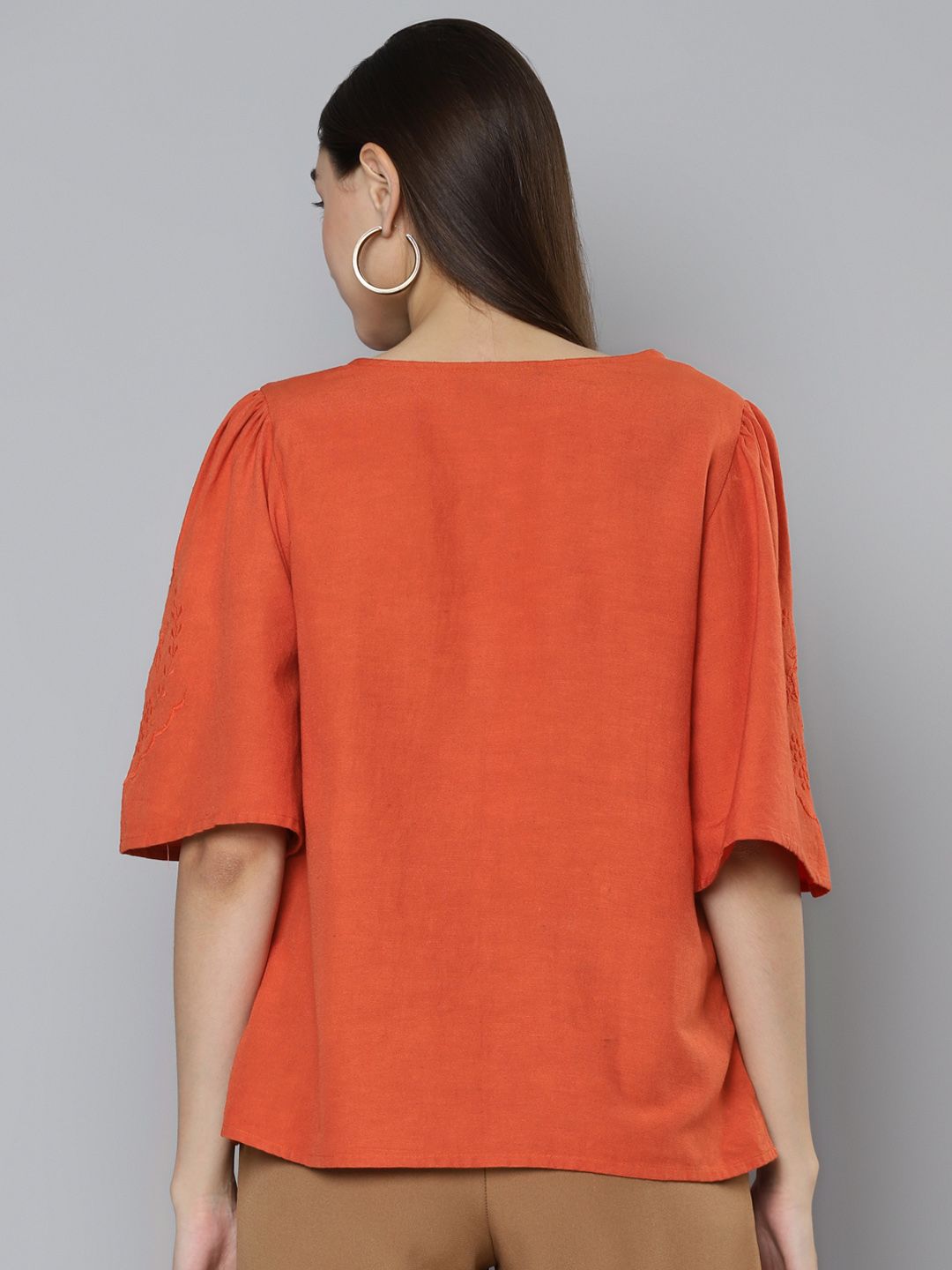 Orange V-Neckline Embroidered Top