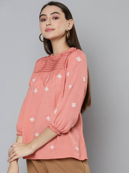 Peach Pintuck Detail Embroidered Top