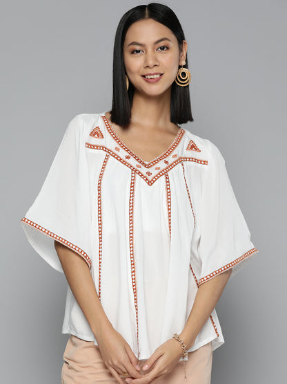 Embroidered off white rayon top
