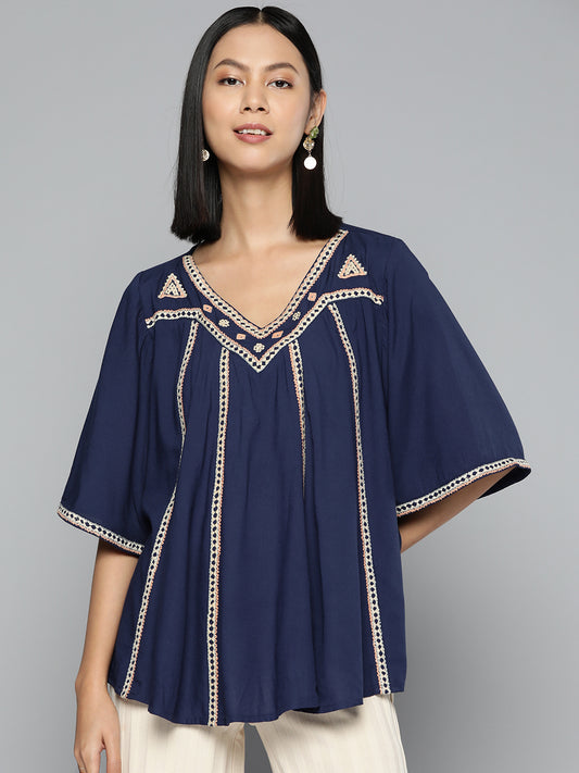 Embroidered blue rayon top