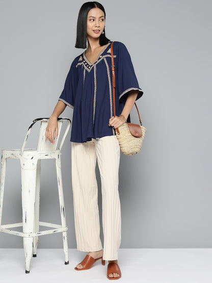 Embroidered blue rayon top