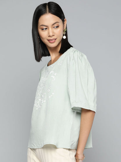 Embroidered light green cotton top