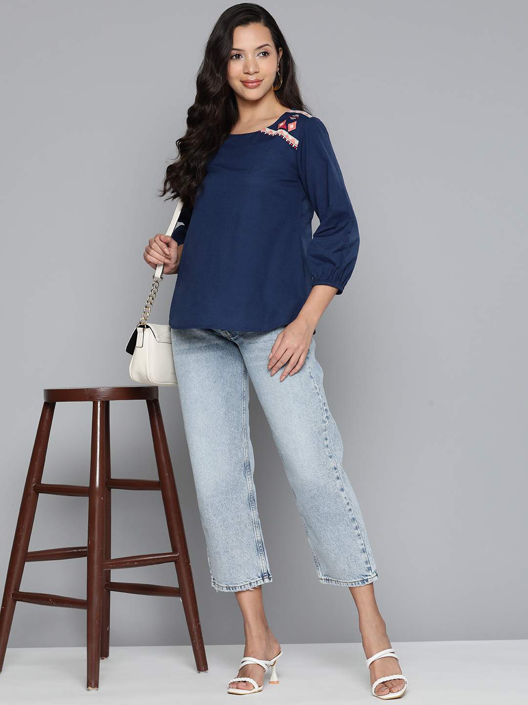 Embroidered blue top