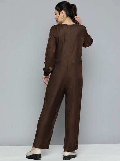 Embroidered Brown Jumpsuit