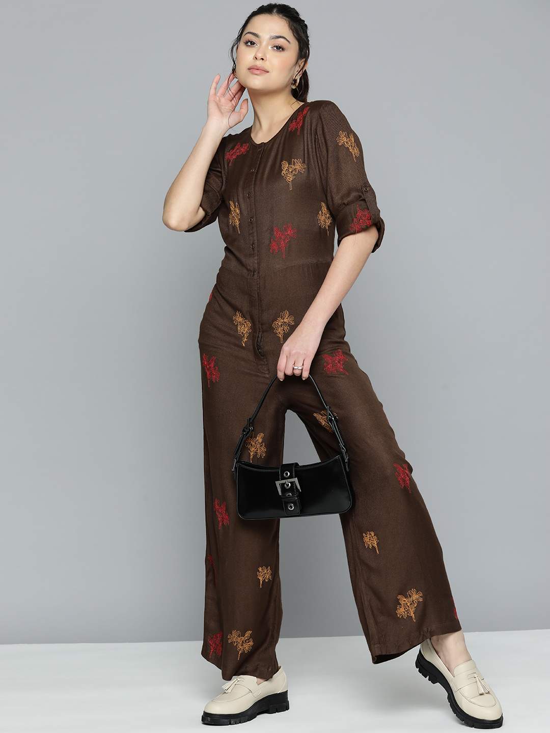 Embroidered Brown Jumpsuit