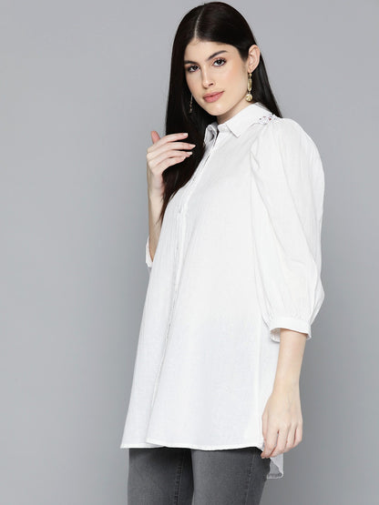 Off White Solid Shirt Tunic With Lace Insert