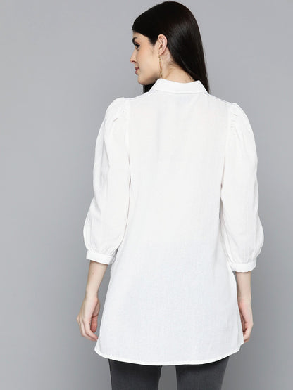 Off White Solid Shirt Tunic With Lace Insert