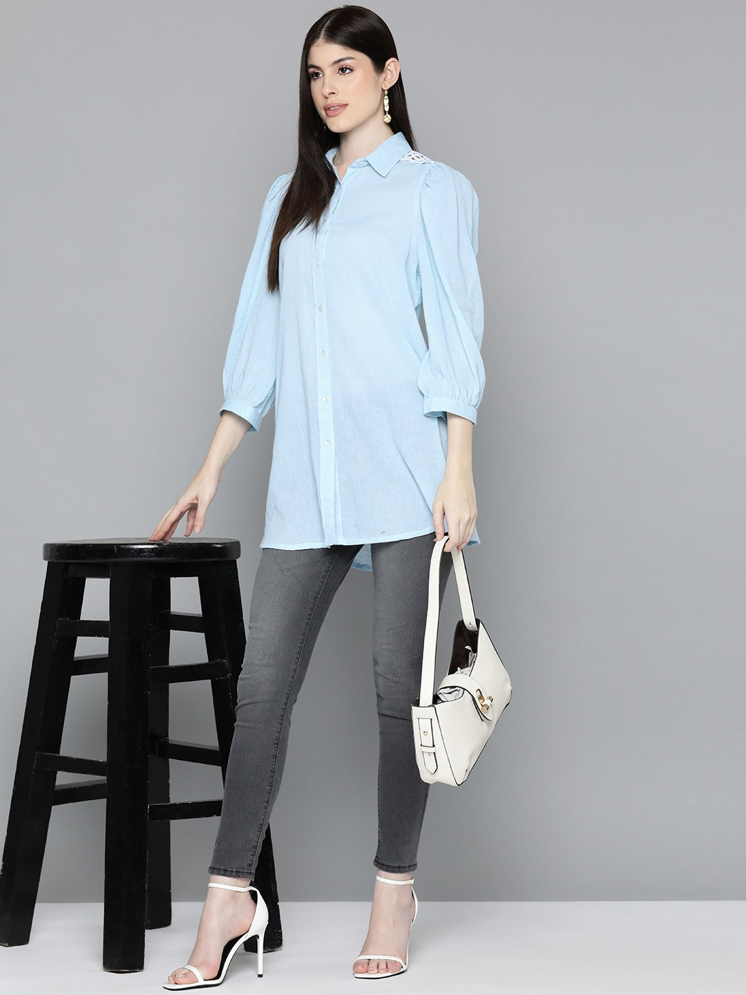 Light Blue Solid Shirt Tunic With Lace Insert