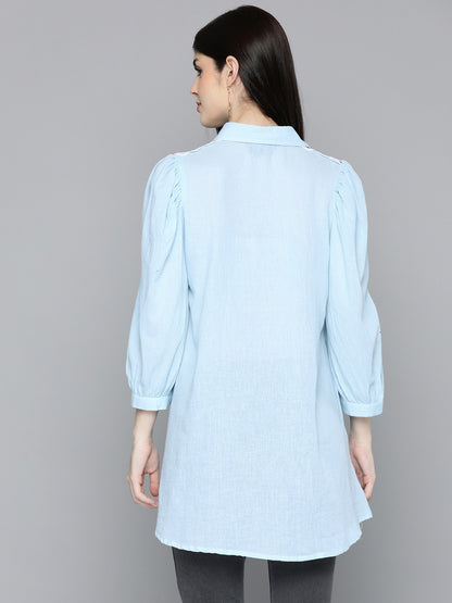 Light Blue Solid Shirt Tunic With Lace Insert