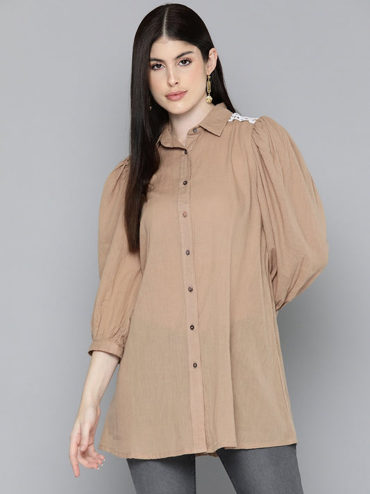 Brown Solid Shirt Tunic With Lace Insert