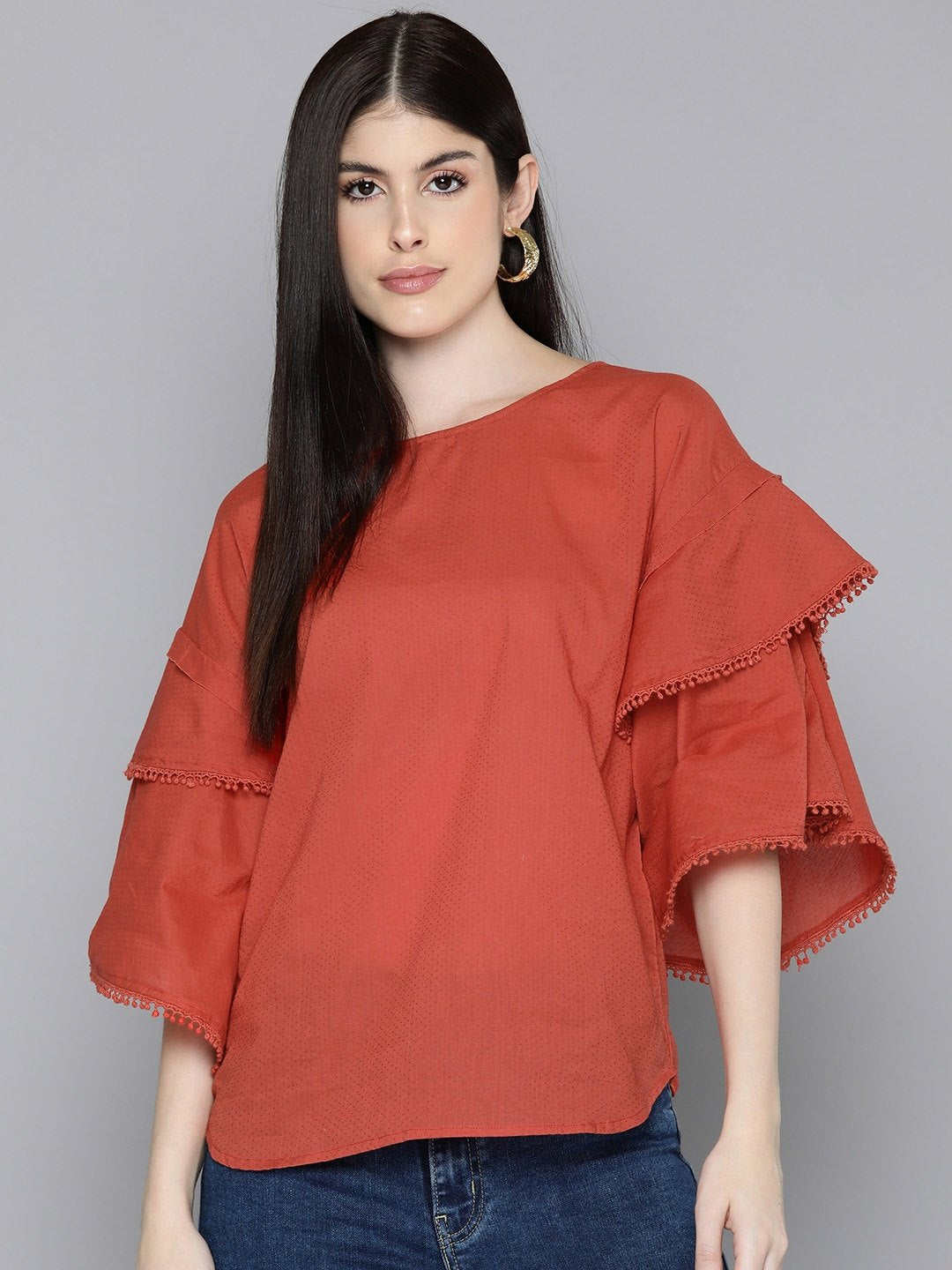 Orange Drop-shoulder Cotton Dobby Top