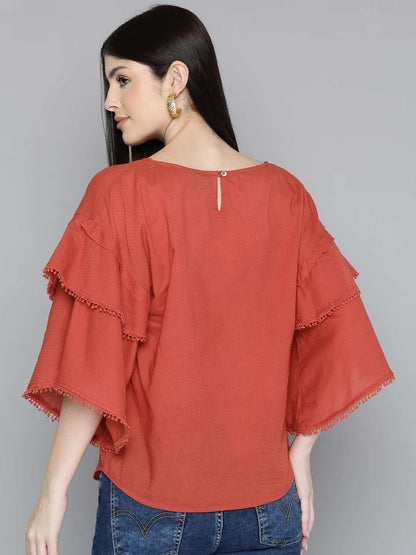 Orange Drop-shoulder Cotton Dobby Top