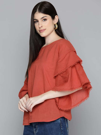 Orange Drop-shoulder Cotton Dobby Top