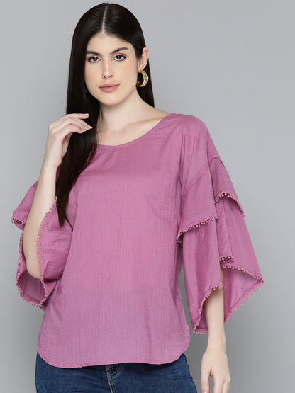 Purple Drop-shoulder Sleeve Cotton Dobby Top