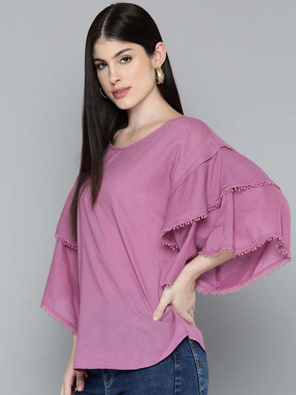 Purple Drop-shoulder Sleeve Cotton Dobby Top