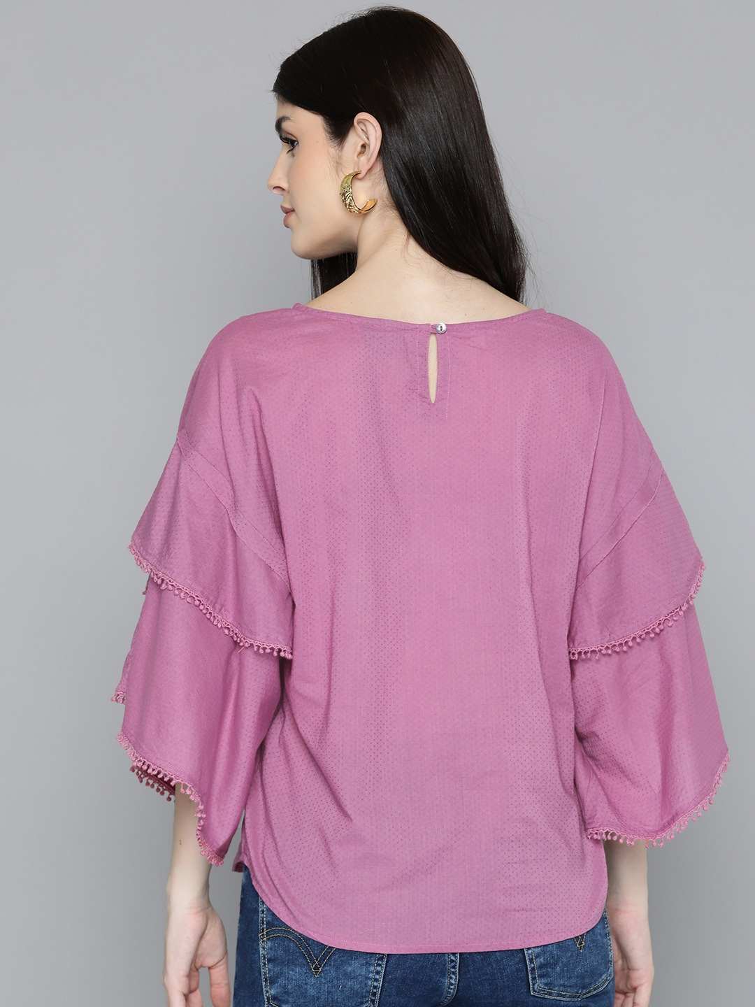 Purple Drop-shoulder Sleeve Cotton Dobby Top