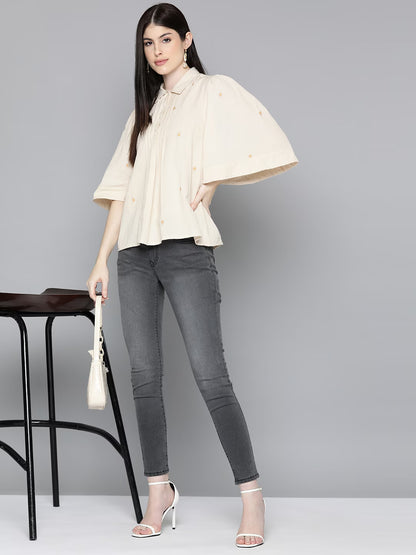 Cream Embroidered Shirt With Flayred Sleeves