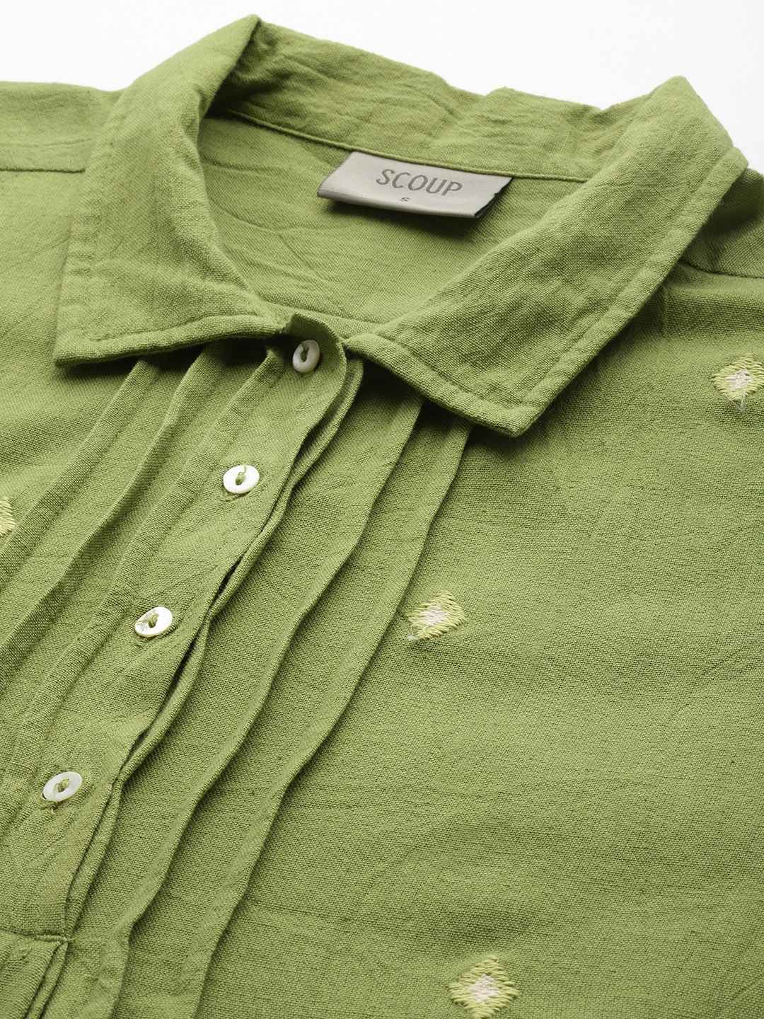 Sage Green Embroidered Shirt With Flayred Sleeves