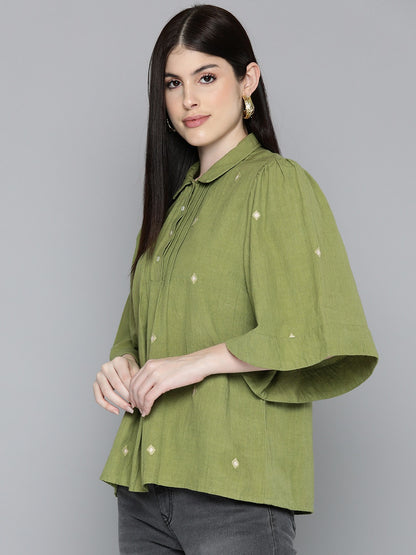 Sage Green Embroidered Shirt With Flayred Sleeves