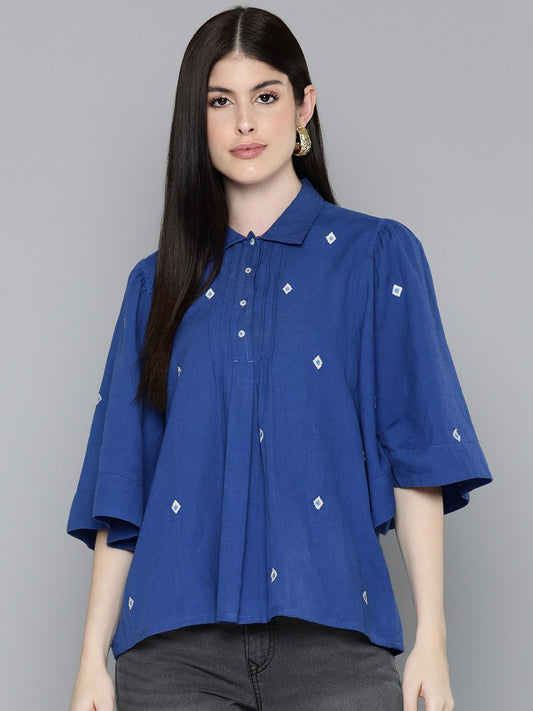 Blue Embroidered Shirt With Flayred Sleeves