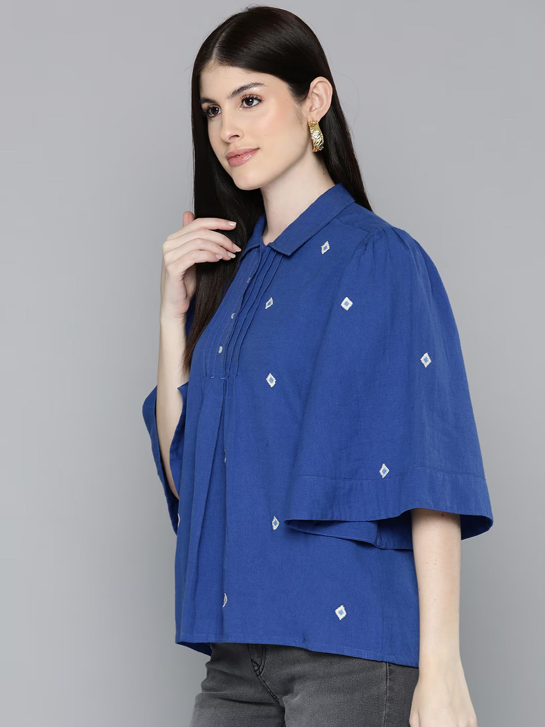 Blue Embroidered Shirt With Flayred Sleeves