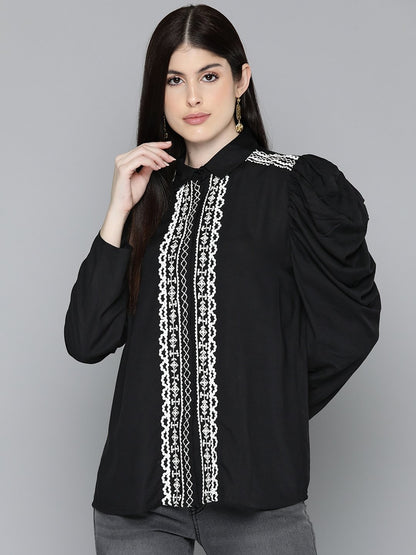 Black Embroidered Puff Sleeve Shirt