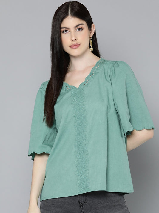 Sea Green Embroidered V-Neck Top