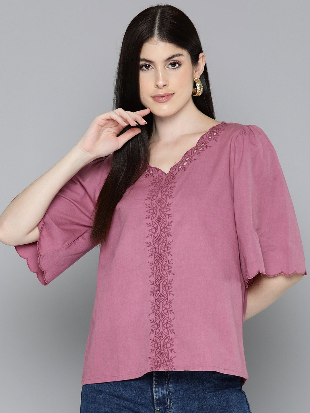 Purple Embroidered V-Neck Top