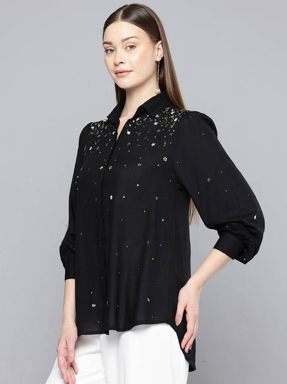 Scoup Black rayon hand embellished  shirt