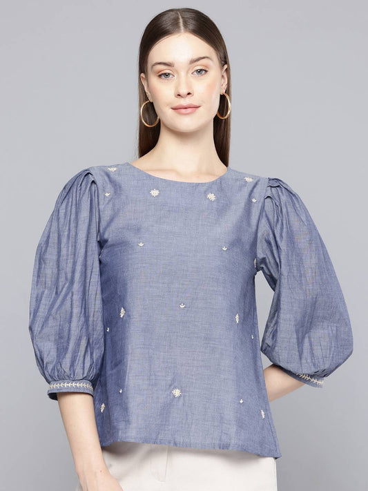 Floral Embroidered Chambray Top