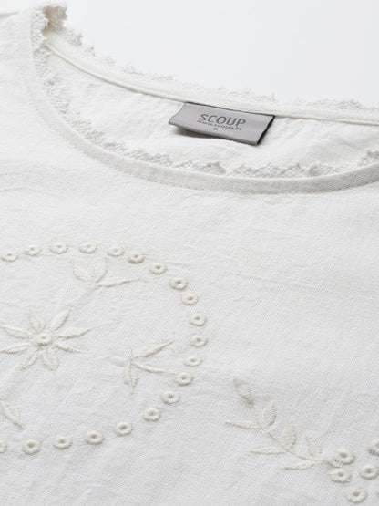 Off white Schiffli Embroidered Cotton Linen Top