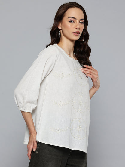 Off white Schiffli Embroidered Cotton Linen Top