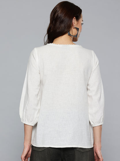 Off white Schiffli Embroidered Cotton Linen Top