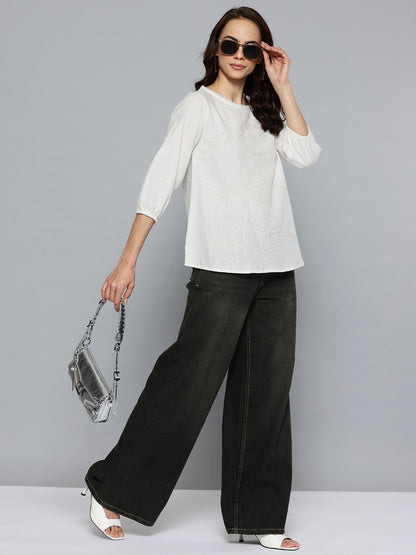 Off white Schiffli Embroidered Cotton Linen Top