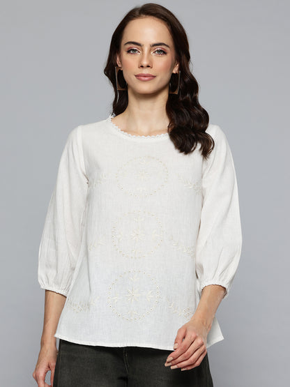 Off white Schiffli Embroidered Cotton Linen Top