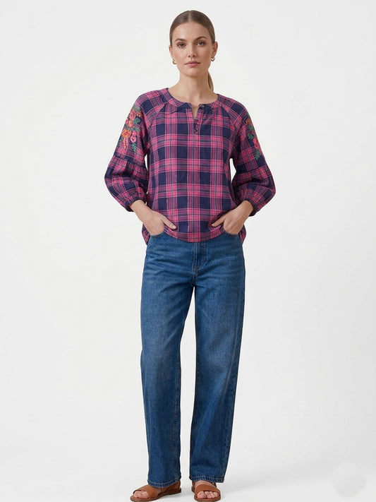 Scoup Women's cotton-embroidered-check-top