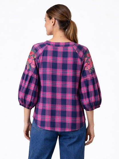 Scoup Women's cotton-embroidered-check-top