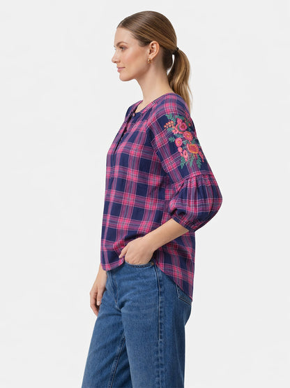 Scoup Women's cotton-embroidered-check-top