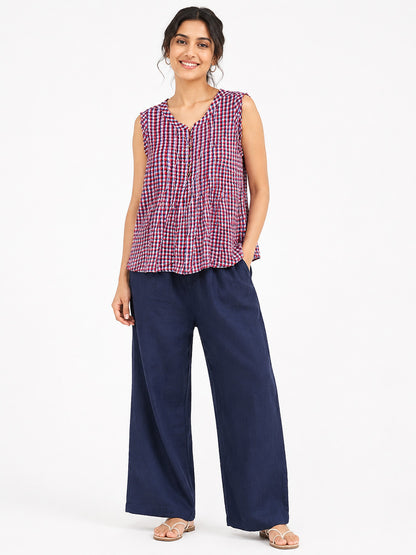Sleeveless Cotton Check Top with Front Pleats
