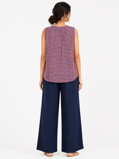 Sleeveless Cotton Check Top with Front Pleats